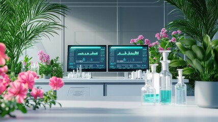 Modern laboratory with plants, monitors, and scientific equipment on a bright table.