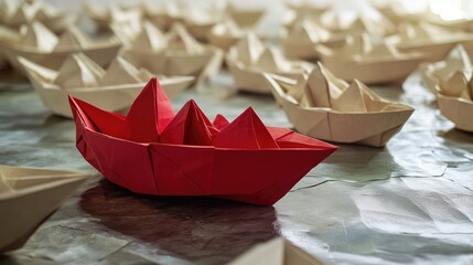 An imaginative collection of origami boats featuring a prominent red flagship symbolizing leadership unique vision and the strength of seizing opportunities through conceptual art