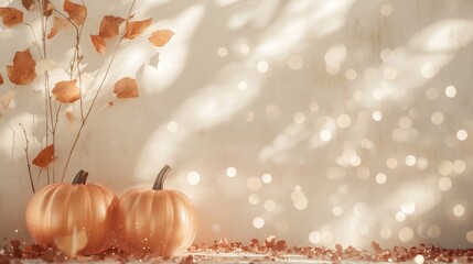 Autumn festivities theme featuring decorative pumpkins shimmering confetti and dried leaves against a neutral backdrop