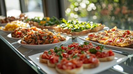 Italian Cuisine Catering : Pasta dishes, bruschetta, and antipasti arranged in a Mediterranean style