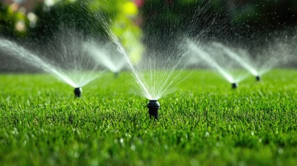 automatic sprinklers for efficient grass irrigation the lawn receives water during the summer ideal 