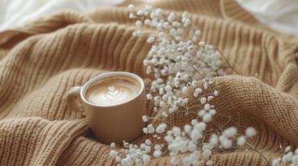 A cup of cappuccino coffee with gypsophila flowers on brown sweater blanket