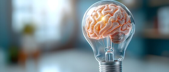 Glowing brain inside a light bulb representing the power of innovation and creativity in machine learning and data networks symbolizing futuristic intelligence and data science