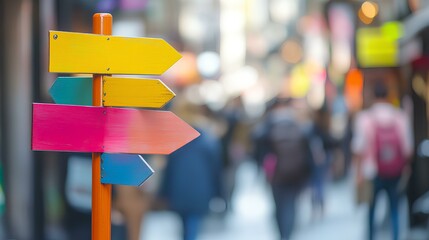 a colorful directional signpost stands in a bustling street, guiding pedestrians amidst a blurred ba