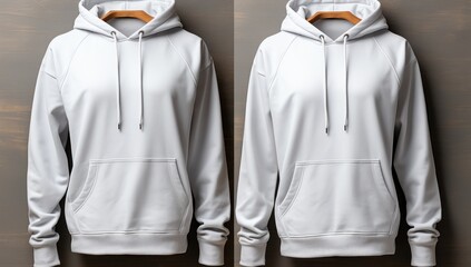 Two identical white hoodies displayed on a hanger against a wooden background.