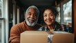 © JoxyAimages - An elderly couple inside their warm home, smiling warmly as they hold a package, embodying themes of comfort, stability, and shared experiences.