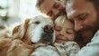 © JoxyAimages - A family cuddles with their dog, enveloped in warmth and care, illustrating the deep bond and affectionate dynamics within family life in a cozy setting.