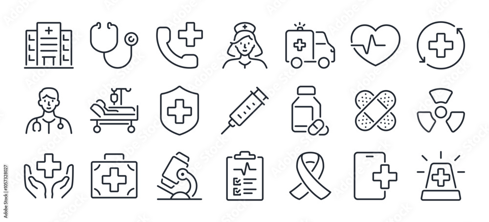 Hospital and medical health care editable stroke outline icons set ...