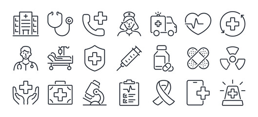 hospital and medical health care editable stroke outline icons set isolated on white background flat
