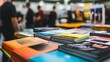 © Ubix - A colorful display of books and notebooks at a bustling event, showcasing creative designs and attracting attention from attendees.