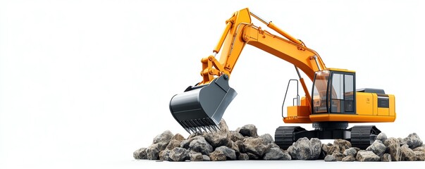 1 Industrial excavator breaking through rocky terrain, 3D illustration, sharp bucket and hydraulic arms in motion, isolated on a white background