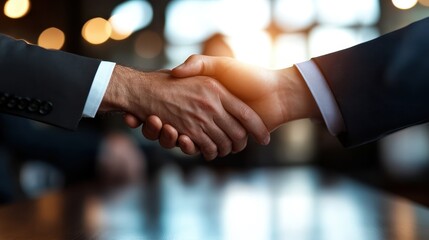 A handshake between two individuals in formal suits against a blurred background symbolizes agreement, partnership, and professionalism in a business context.