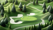 © Alfazet Chronicles - Illustration of a stylized golf course with rolling hills, trees, and sand bunkers. Features a putting green with a golf ball and flagstick, surrounded by simplified pine trees.
