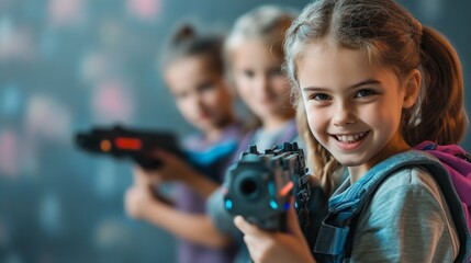 Wall Mural - Three young girls are playing a video game, each holding a gun