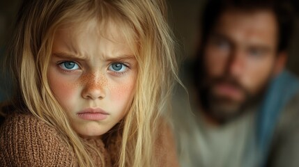 A girl with striking freckles and blue eyes looks seriously at the viewer while an adult male figure with a beard is discernible in the blurred background.