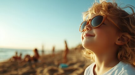 A young child with curly hair enjoys the warmth of sunlight while wearing sunglasses on a sandy beach. The child's serene expression reflects pure joy and contentment.