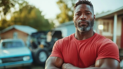 A confident man stands with crossed arms in a red shirt, exuding strength and determination, set against an outdoor backdrop of cars and tools.