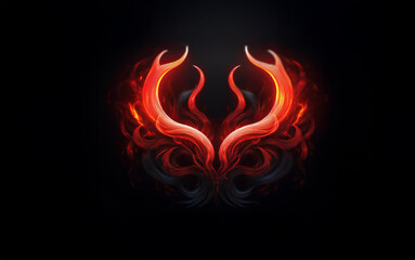 A symmetrical design of two glowing red horns on a dark background with swirling smoke.