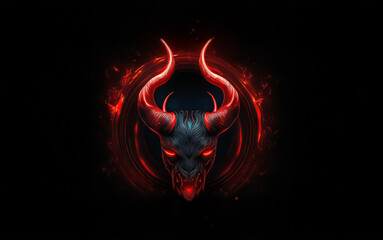 A red-eyed skull with horns is surrounded by a fiery ring.