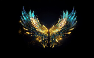 Leinwandbilder - A pair of glowing blue and gold wings with shimmering particles against a black background.