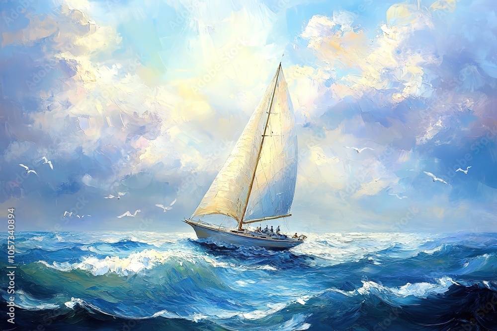 Sailing boat with white sails on the sea, oil painting, light blue sky ...