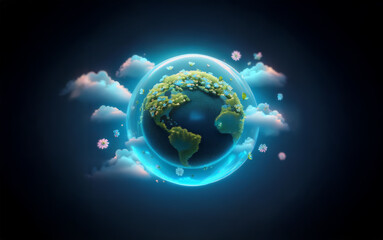 a blue glowing orb surrounds a 3d model of earth, floating amidst fluffy white clouds and small glow