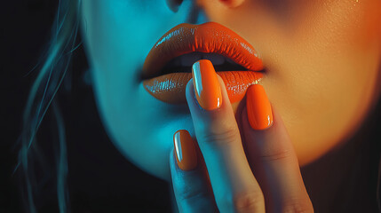 A striking close-up photo of a woman’s lips painted in glossy neon orange, with matching nails, against a dark background