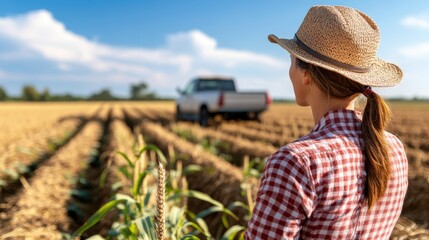 A farmer stands in a plaid shirt and straw hat, looking over a lush field with a truck in the distance, capturing the essence of rural life and agriculture.