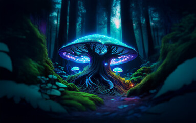 Aufkleber - A glowing mushroom tree stands tall in a dark forest.