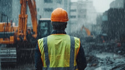 The back of an engineer wearing a yellow vest and orange helmet stands in front of an excavator on a construction site, with heavy rain falling from the sky. It is a rainy day with a blurred backgroun