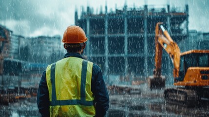 The back of an engineer wearing a yellow vest and orange helmet stands in front of an excavator on a construction site, with heavy rain falling from the sky. It is a rainy day with a blurred backgroun