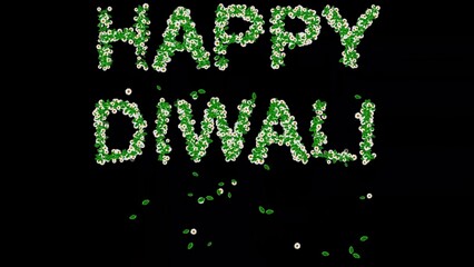 Wall Mural - Happy Diwali text with green leaves and white daisy flowers on plain black background