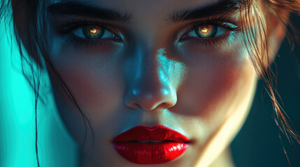 A woman with green eyes and red lipstick