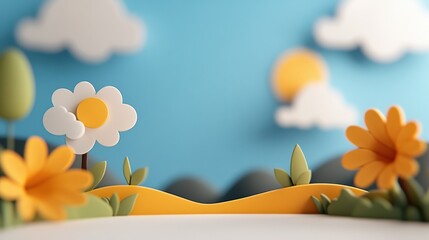 A whimsical landscape scene crafted from paper cutouts featuring a bright sun, fluffy clouds, and cheerful flowers, embodying creativity and artistic playfulness.