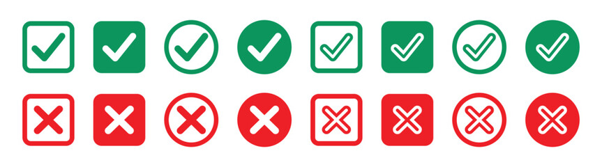 Wall Mural - set of green and red check box with yes and no sign. modern label icons check mark and cross on tran