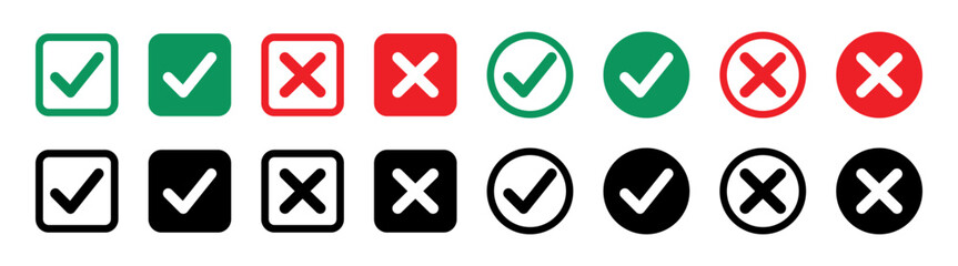 tick, cross icon button set. yes or no symbol, approved or rejected icon for user interface.