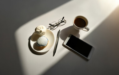 A white surface with a cup of coffee, a plate with two pastries, a pen, glasses, and a smartphone illuminated by a beam of sunlight.