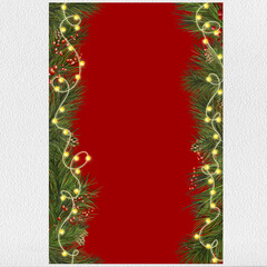 Christmas card with a garland of pine and fir branches. Watercolor digital illustration. New Year's garland of glowing bulbs. Winter red berries and fir branches. Red New Year's background