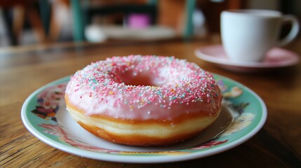 Pink frosted doughnut with sprinkles on top sits on a white plate