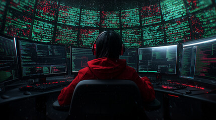 Aufkleber - person in red hoodie sits in front of multiple computer screens displaying code, immersed in digital environment. scene is filled with sense of focus and intensity