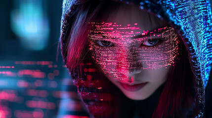 Poster - woman in hooded jacket is surrounded by digital code, creating futuristic and intense atmosphere. red and blue lighting enhances cyber theme, suggesting focus on technology and coding