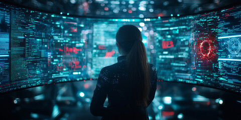 Poster - woman stands in front of multiple digital screens filled with complex code and data, immersed in futuristic, high tech environment. scene conveys sense of focus and innovation