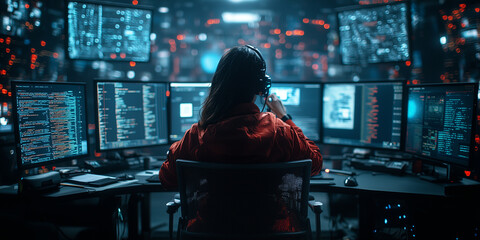 Aufkleber - woman in red jacket is focused on coding at multi monitor setup in dimly lit room filled with digital screens, creating futuristic and intense atmosphere