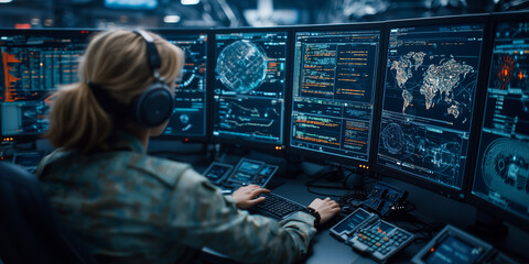 Aufkleber - woman in high tech control room monitors multiple screens displaying global data and coding interfaces, showcasing dynamic and focused environment