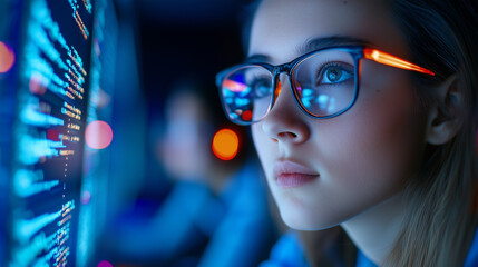 Aufkleber - focused young woman wearing glasses looks at computer screen displaying code, highlighting her concentration and engagement in tech environment