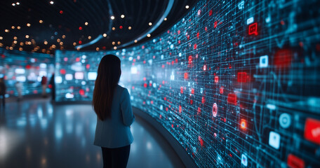 Aufkleber - woman in business attire stands in front of large digital display filled with data and graphics, creating futuristic and innovative atmosphere