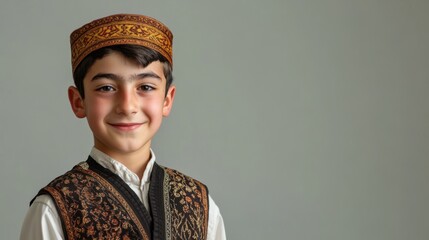 A smiling Turkish schoolboy in traditional attire, standing confidently with a plain background