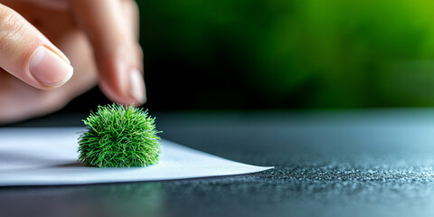 Poster - hand gently touches small green moss ball on white surface, creating serene and minimalist scene. focus on moss ball highlights its texture and vibrant color against blurred background