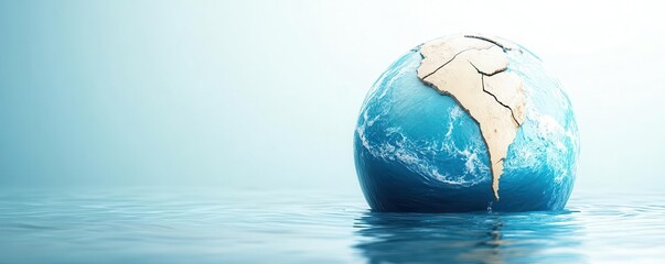 Poster - A three-dimensional globe floating in water, showcasing a detailed view of South America against a soft, light blue background.