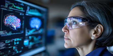 Aufkleber - woman wearing smart glasses analyzes brain data on computer screen, showcasing advanced technology in neuroscience